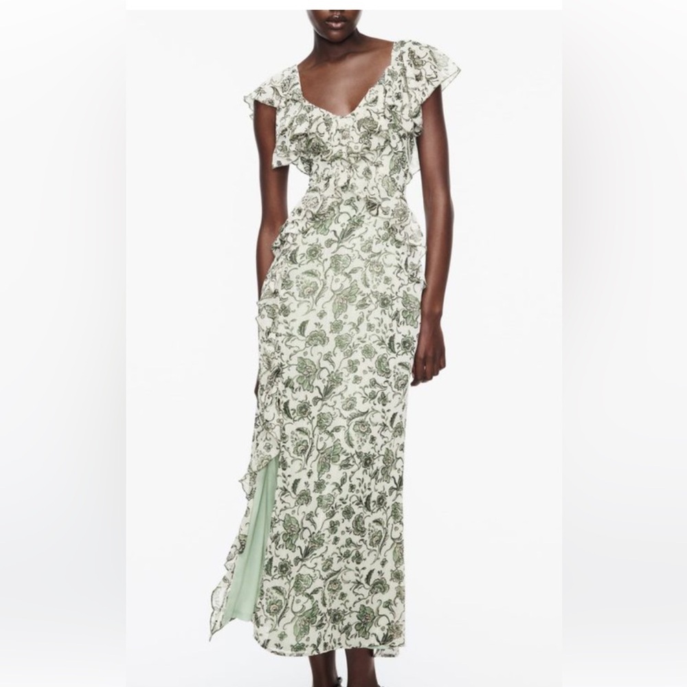 Zara Asymmetrical Floral dress in Green and Cream